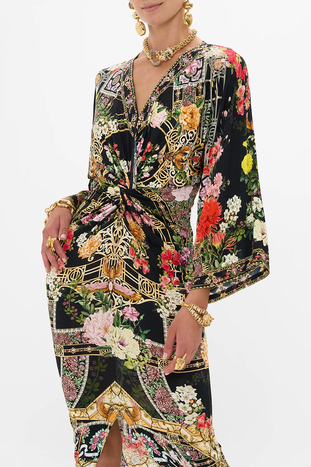 LONG SPLIT FRONT TWIST DRESS ADORNED IN ALEXANDRIA - Image 5