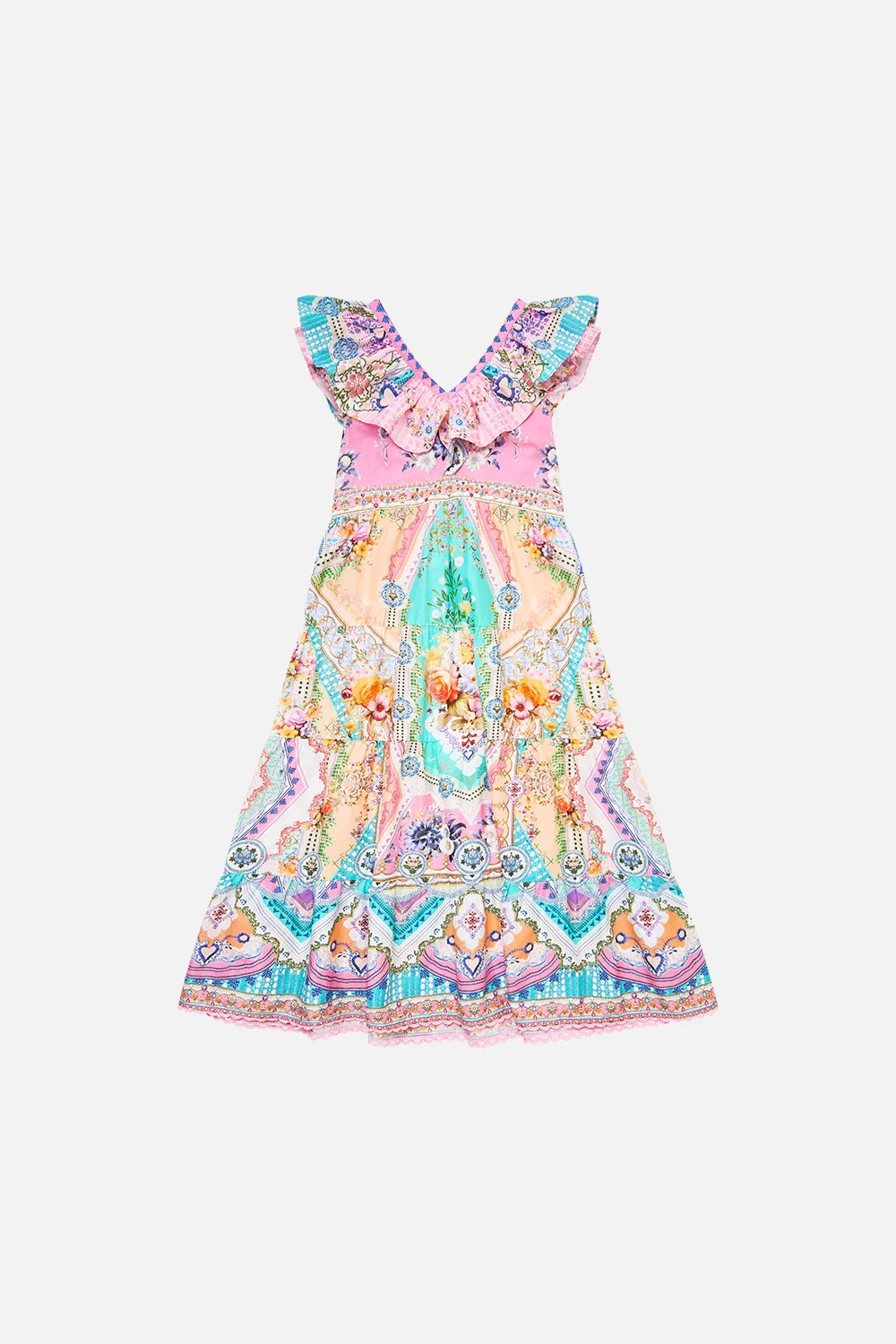 KIDS TIERED MAXI DRESS WITH FRILL NECK CROCHET ALL DAY