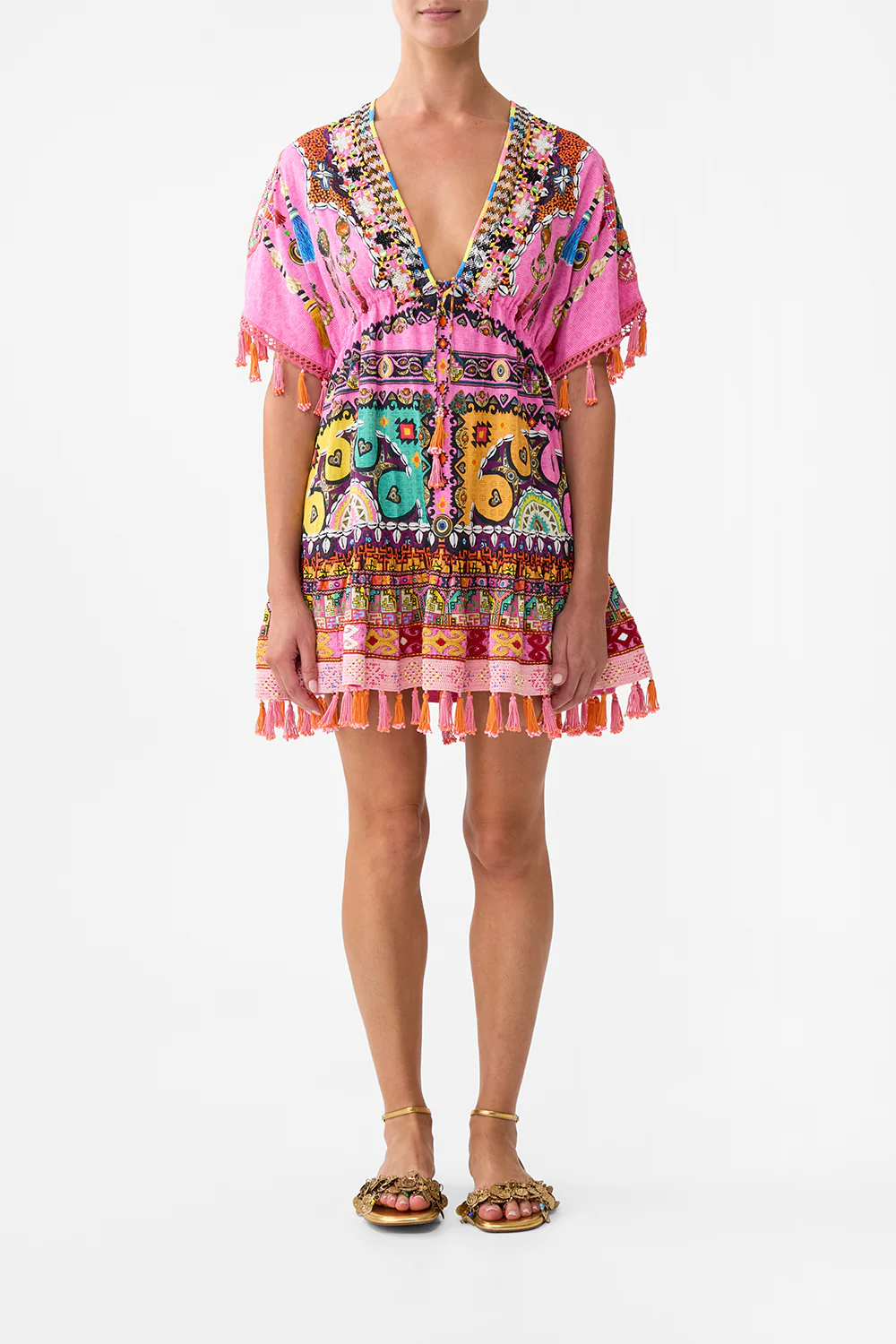 SHORT V NECK EMBROIDERED DRESS PATCHWORK PANORAMA