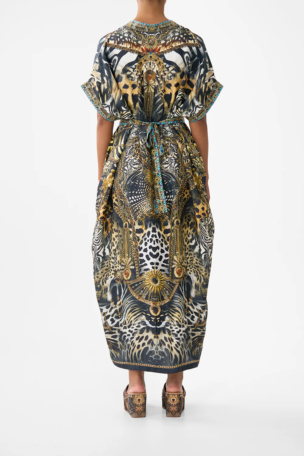 SHORT SLEEVE KAFTAN WITH TIE WAIST FELINE FOLKLORE - Image 2