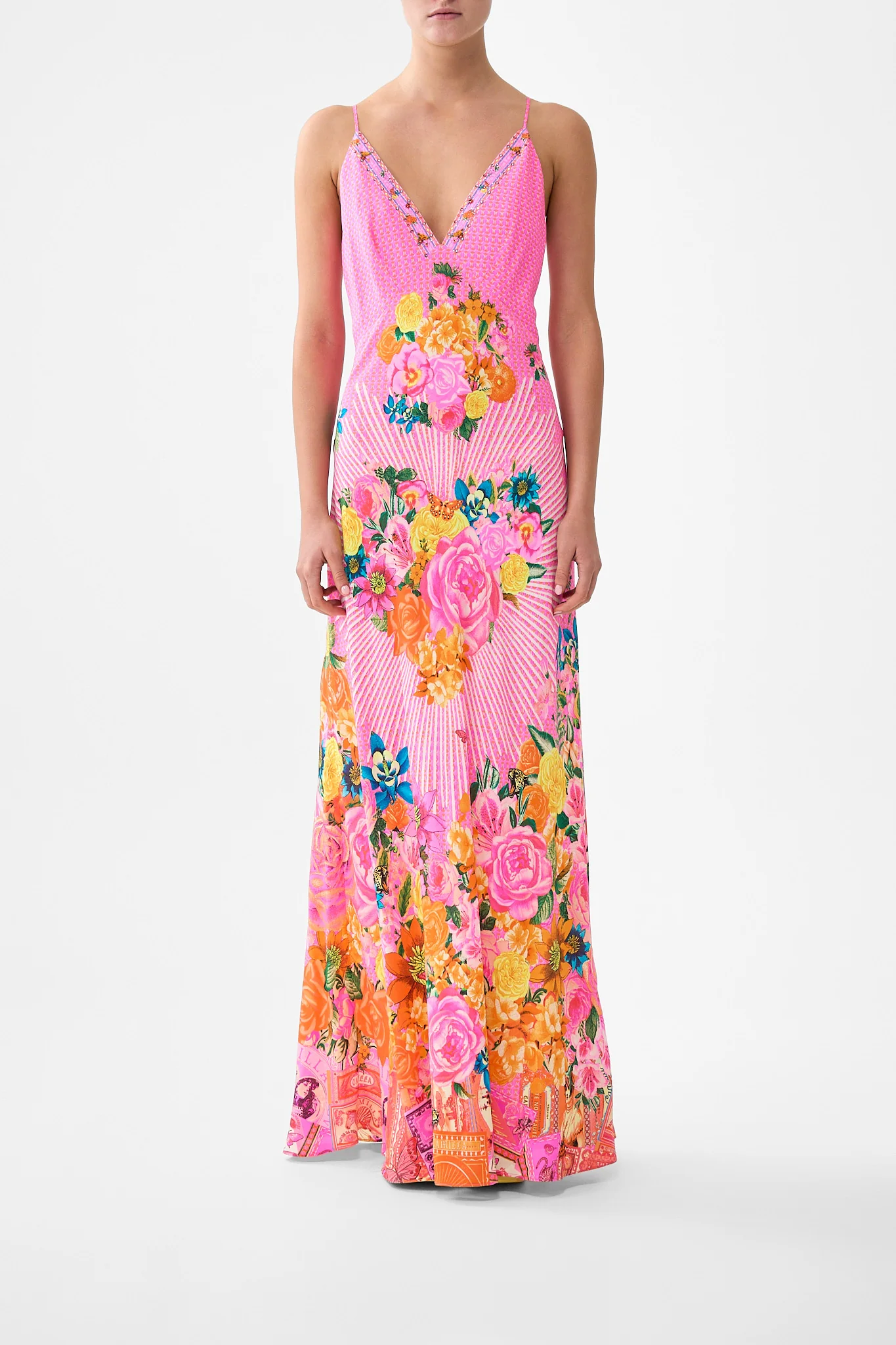 V-NECK FULL LENGTH BIAS SLIP DRESS ILLUSTRATION NATION