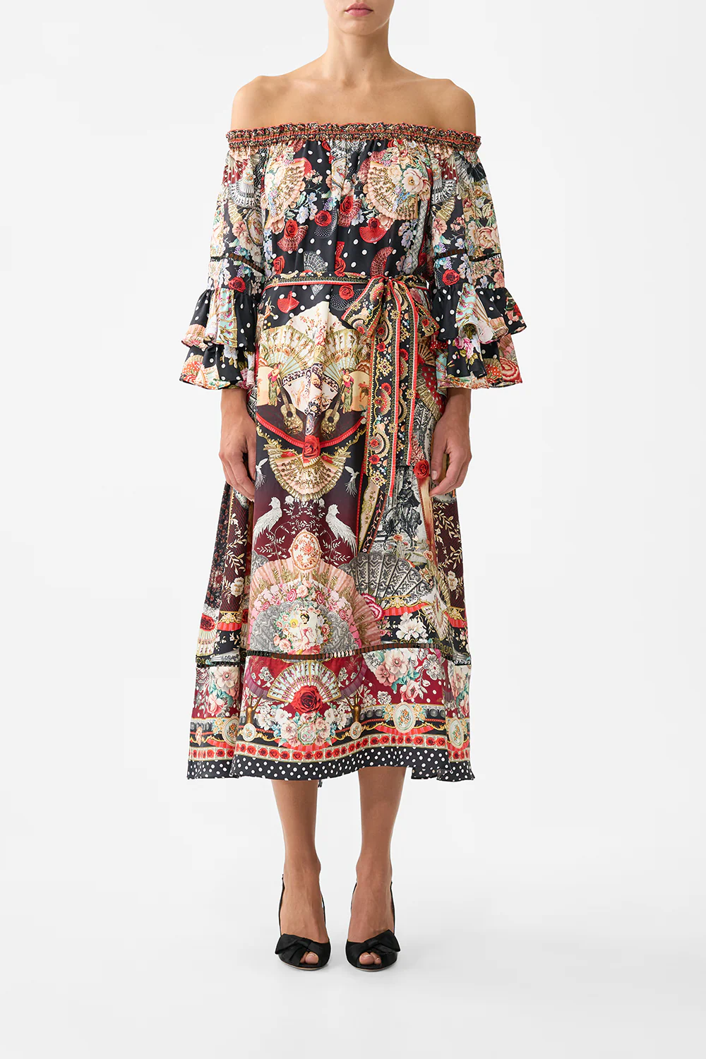 OFF SHOULDER MIDI DRESS WITH FRILL SLEEVE DAUGHTERS OF DUENDE