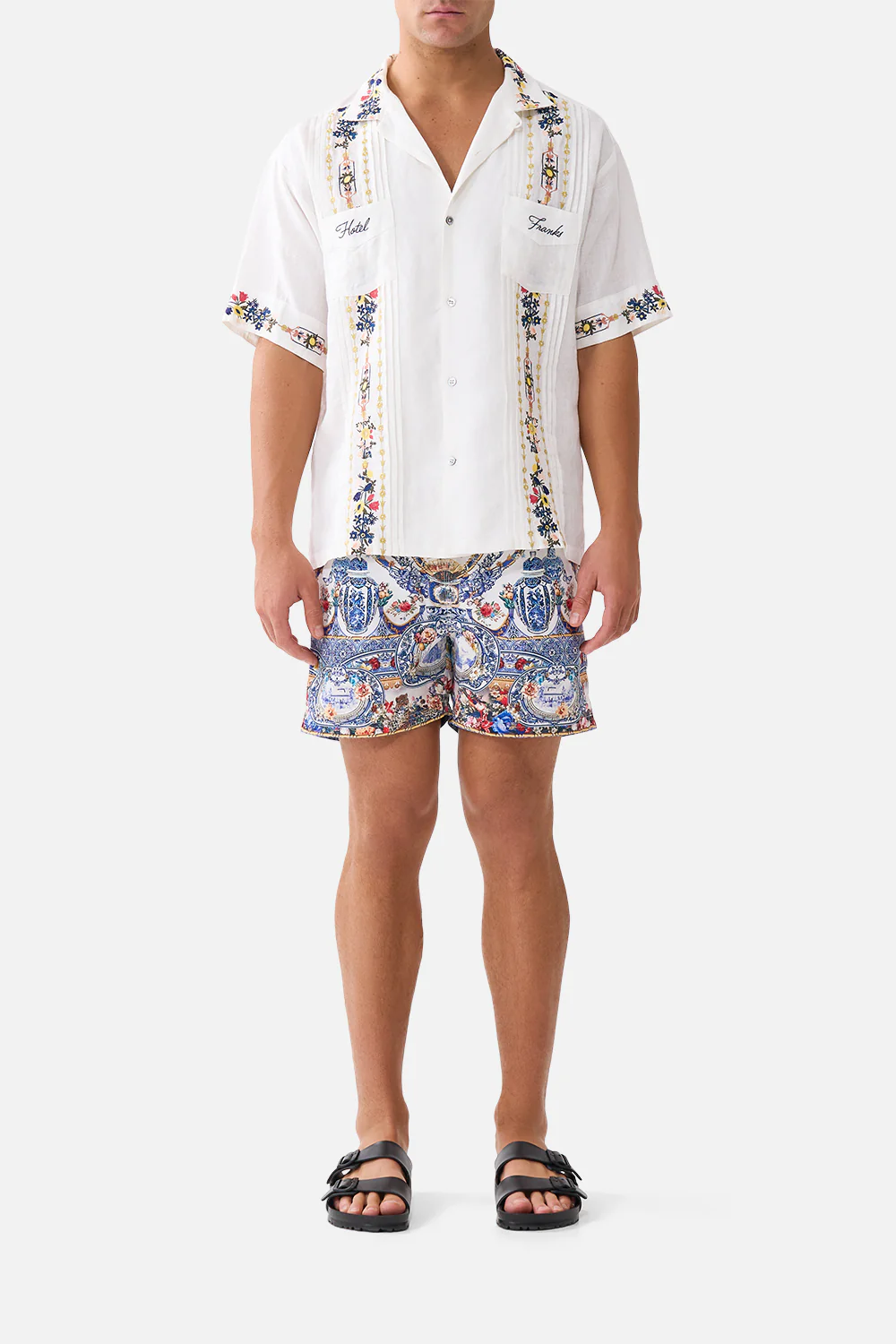EMBROIDERED SHORT SLEEVE PLEATED CUBAN SHIRT THE POTTERY PARLOUR