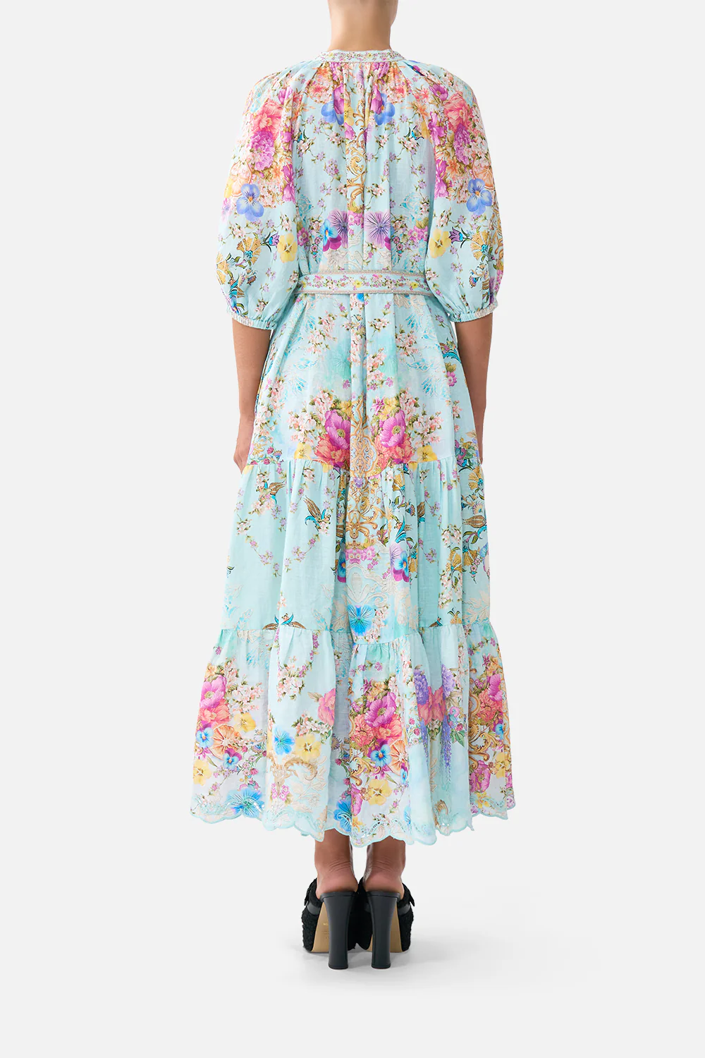 PUFF SLEEVE MIDI SHIRT DRESS WITH TIE BAZAAR BLOOMS - Image 2