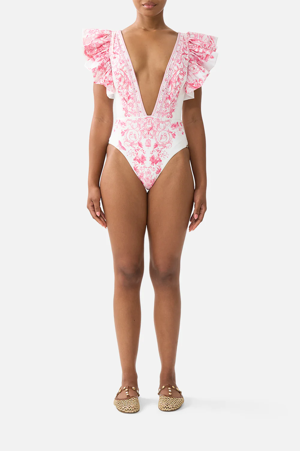 PLUNGE ONE PIECE WITH PLEATED RUFFLE SLEEVES LIVIN LA VIDA ROSA