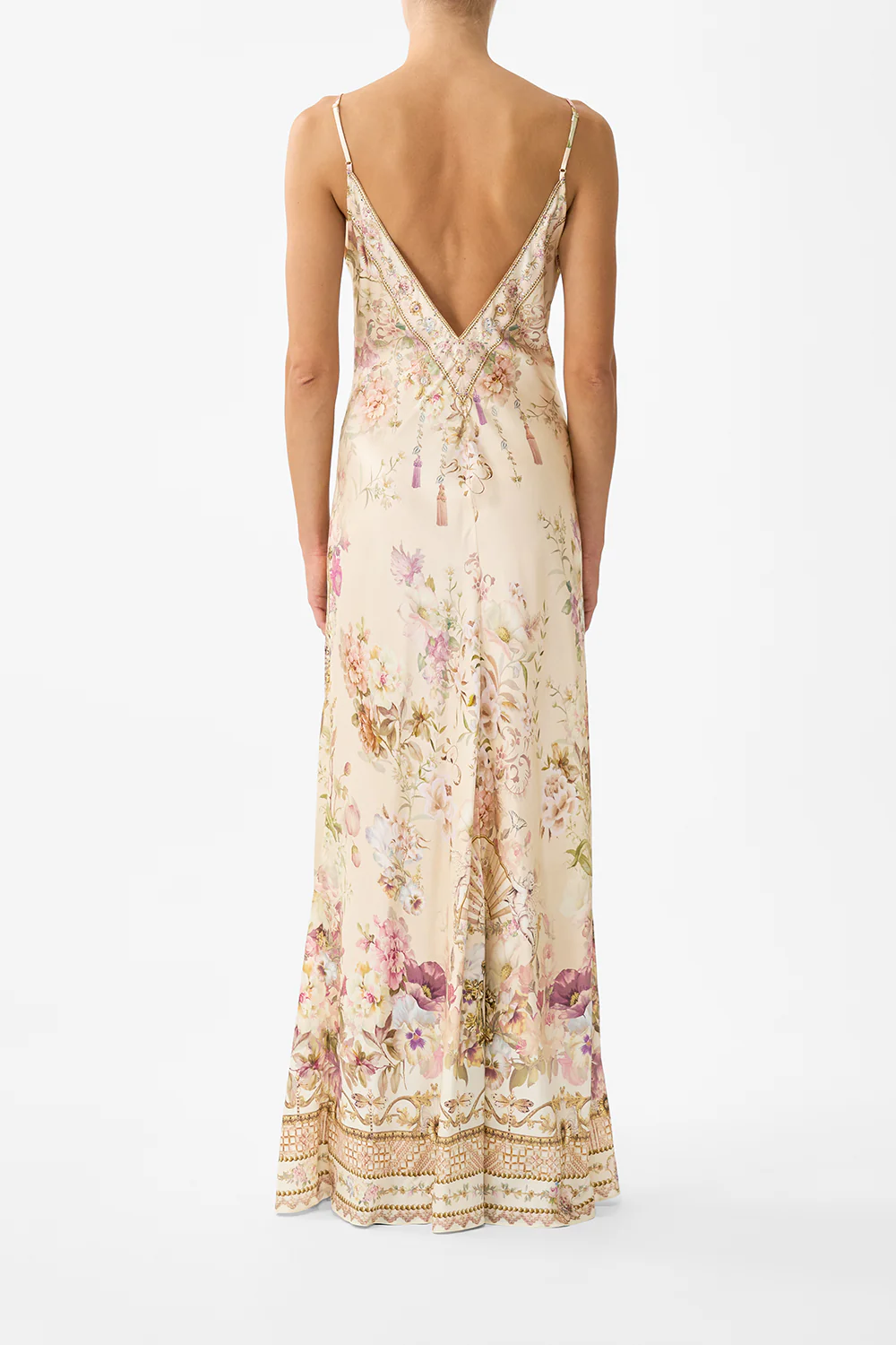 V NECK FULL LENGTH BIAS SLIP DRESS ADORNED IN ARANJUEZ - Image 2