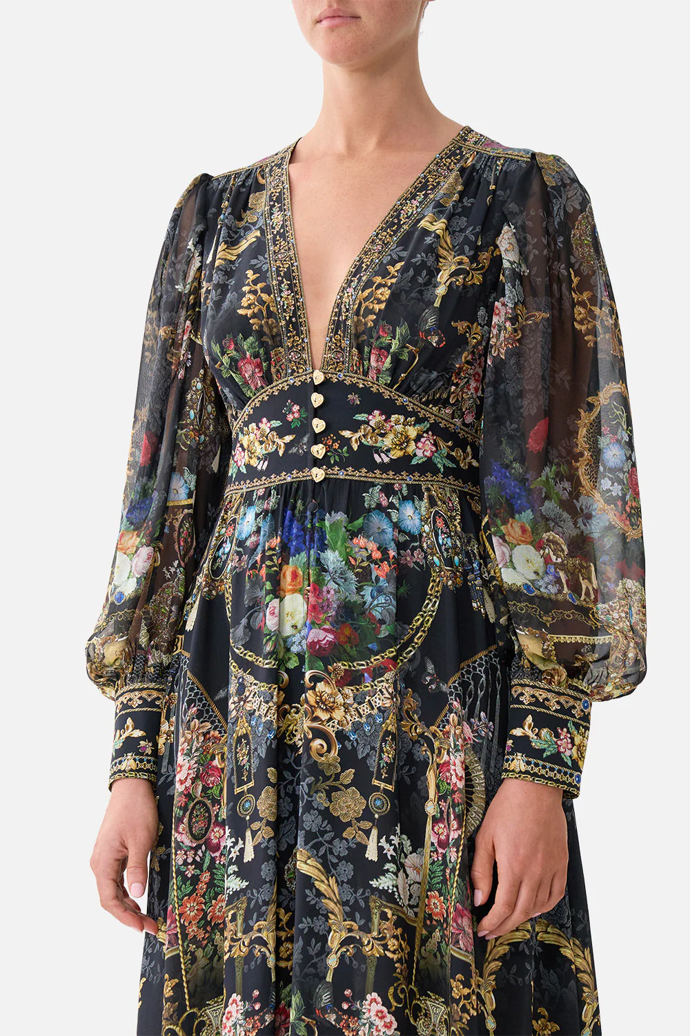 SHAPED WAISTBAND DRESS WITH GATHERED SLEEVES NIGHT GARDEN - Image 5