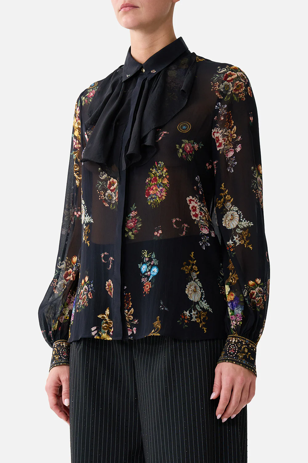 COLLARED SHIRT WITH FRILL NECK DETAIL NIGHT GARDEN - Image 5
