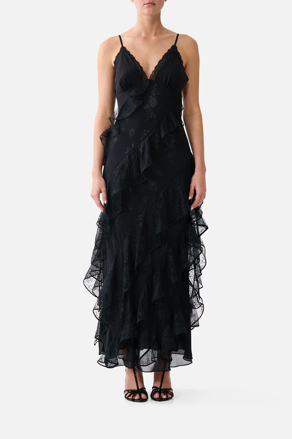 ASYMMETRICAL RUFFLE SLIP DRESS NIGHT GARDEN